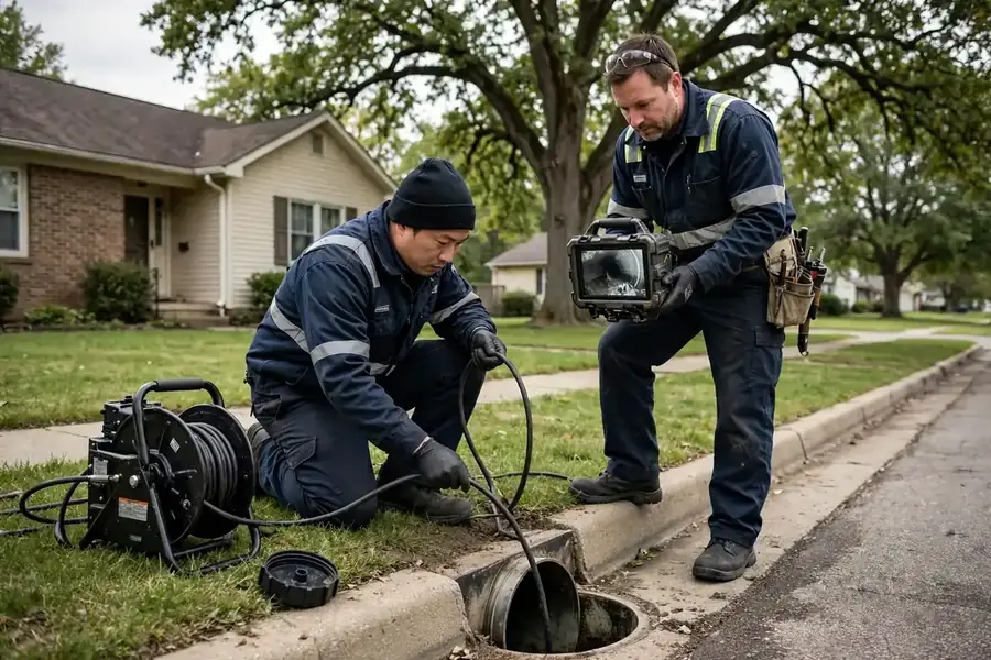 Sewer technicians inspecting a residential sewer line in Addison, IL