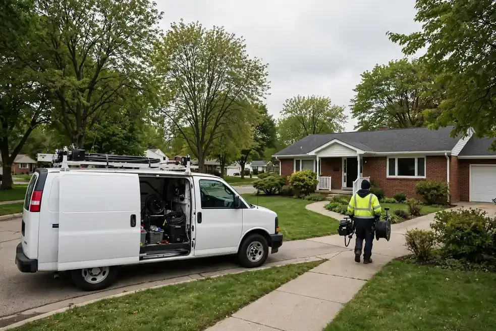 Sewer service technician arriving with camera inspection equipment at a Bartlett IL home