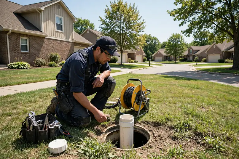 Technician inspecting a sewer cleanout in a Carol Stream IL cul-de-sac neighborhood