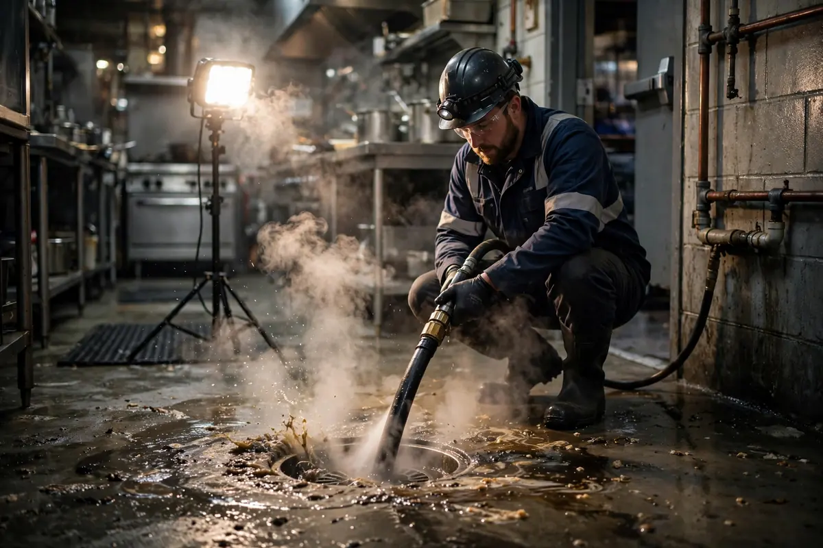 Technician jetting a commercial sewer line inside a Carol Stream IL restaurant service corridor