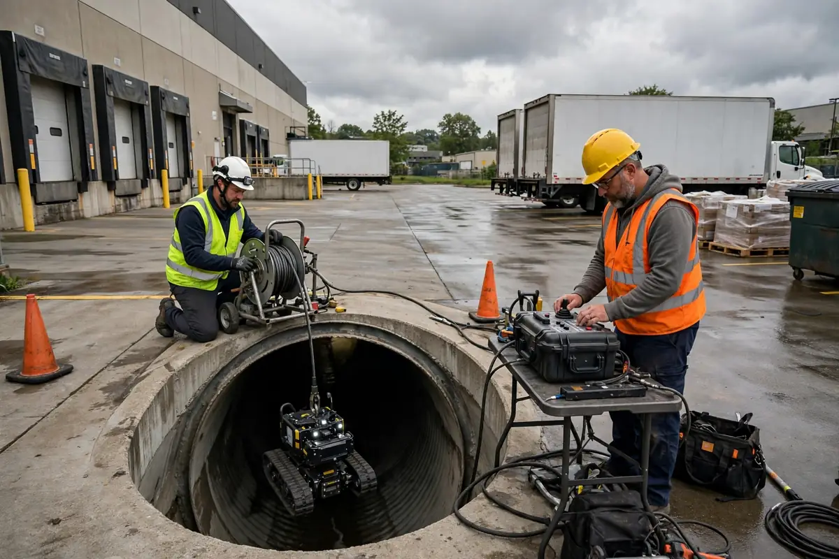 Technicians running a camera crawler at a commercial sewer cleanout by an Itasca IL warehouse