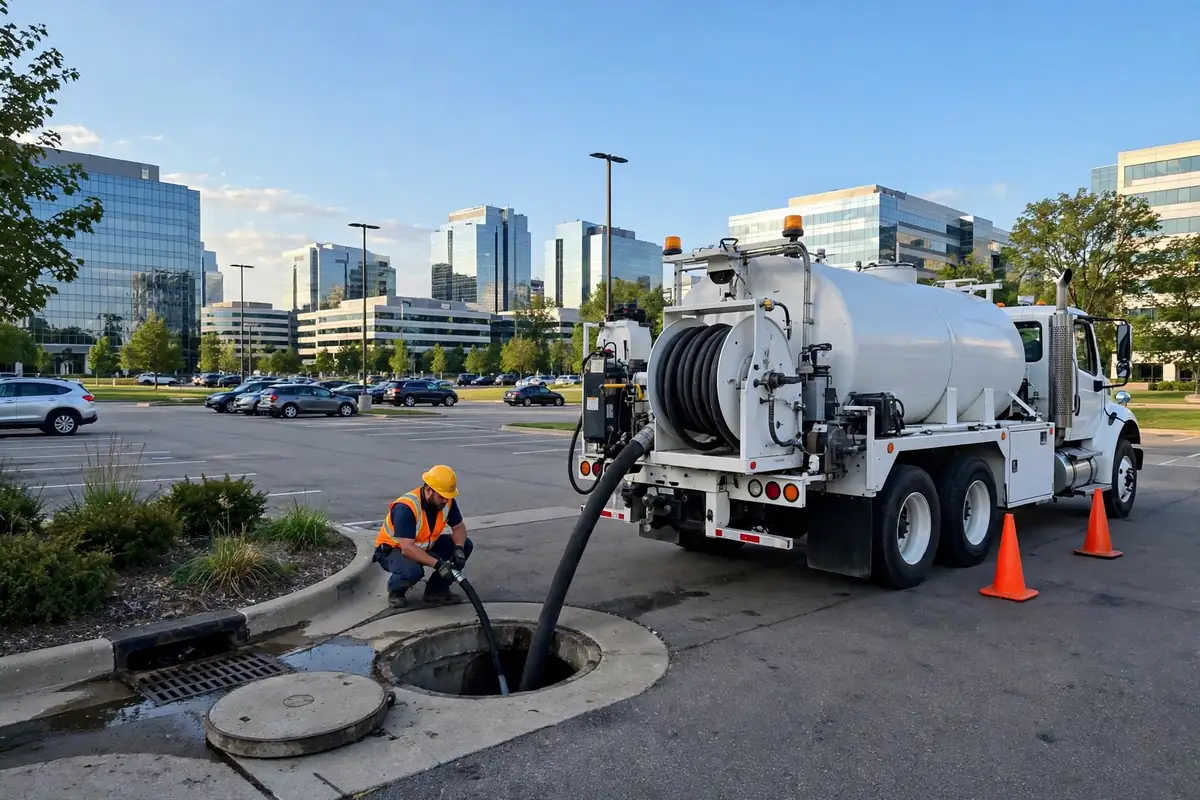 Camión de hidrochorro dando servicio a una salida de alcantarillado en el estacionamiento de un edificio de oficinas en Schaumburg IL