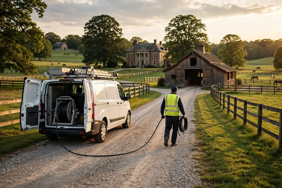Sewer camera van at a Wayne IL equestrian estate for commercial sewer service