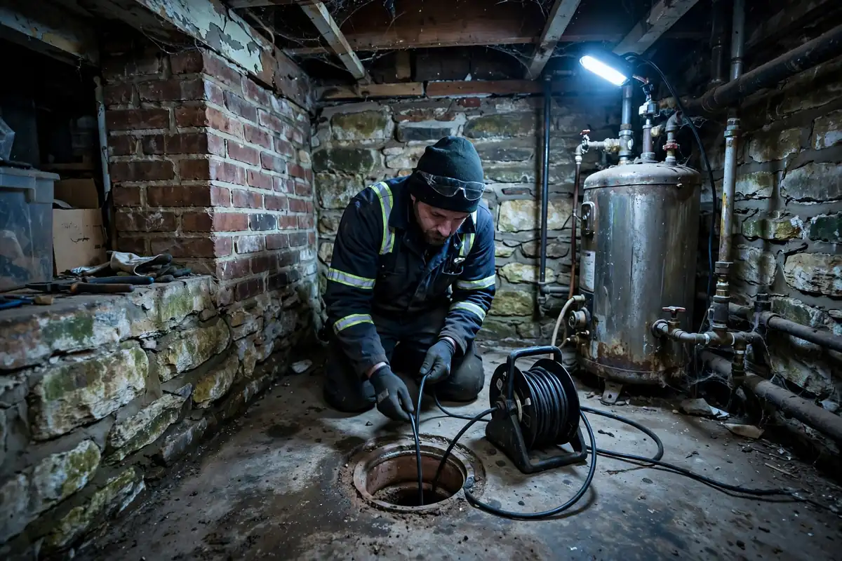 Technician running a sewer camera in the basement of a historic East Dundee IL home