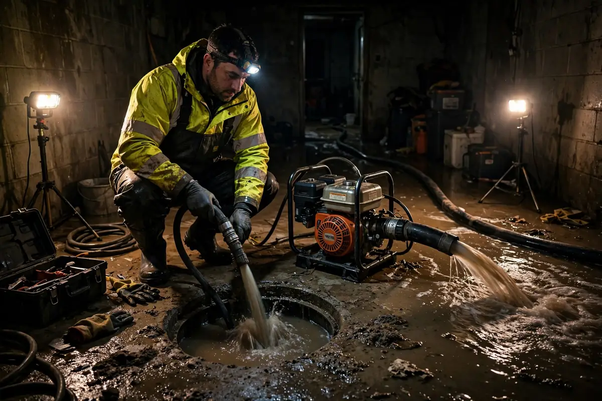 Técnico de emergencia extrayendo aguas residuales de un sótano inundado en Bartlett IL de noche