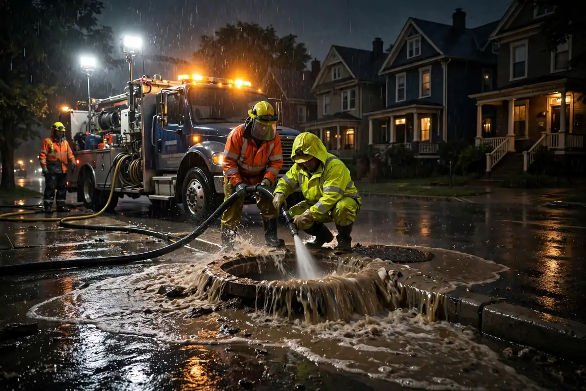 Emergency sewer crew jetting an overflowing manhole on a rainy Elgin IL night