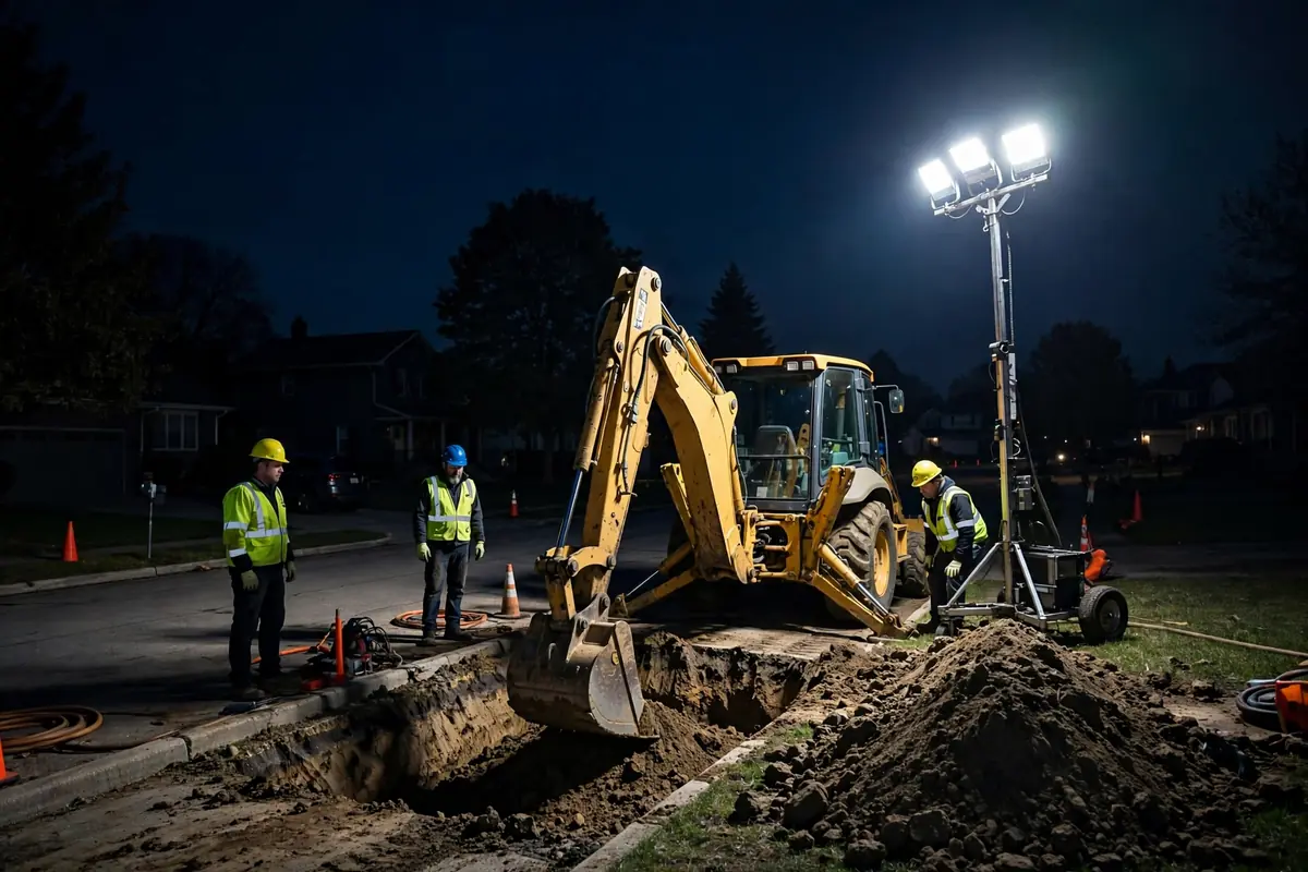 Excavación de emergencia de alcantarillado de noche en Geneva, IL