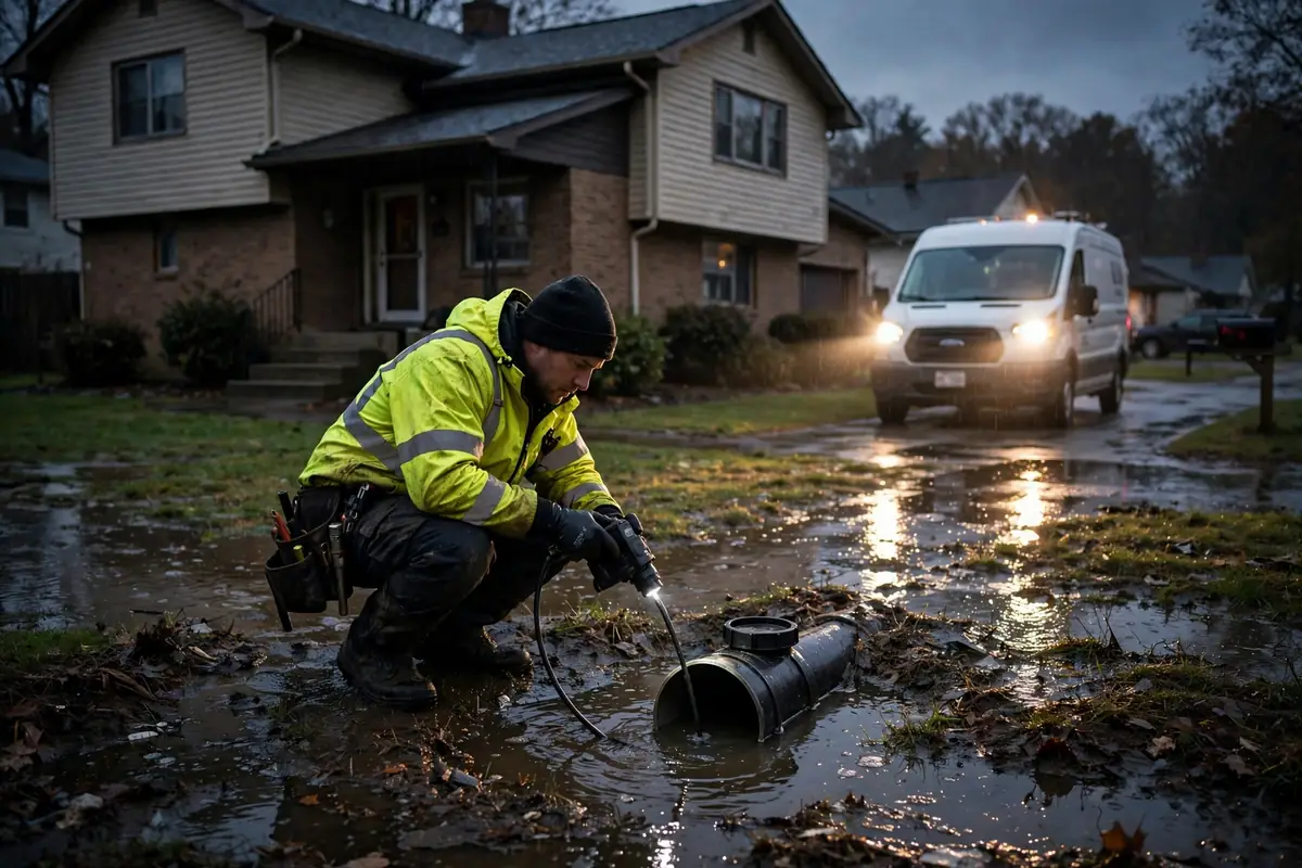 Technician camera-inspecting a flooded yard cleanout at dusk in Hanover Park IL