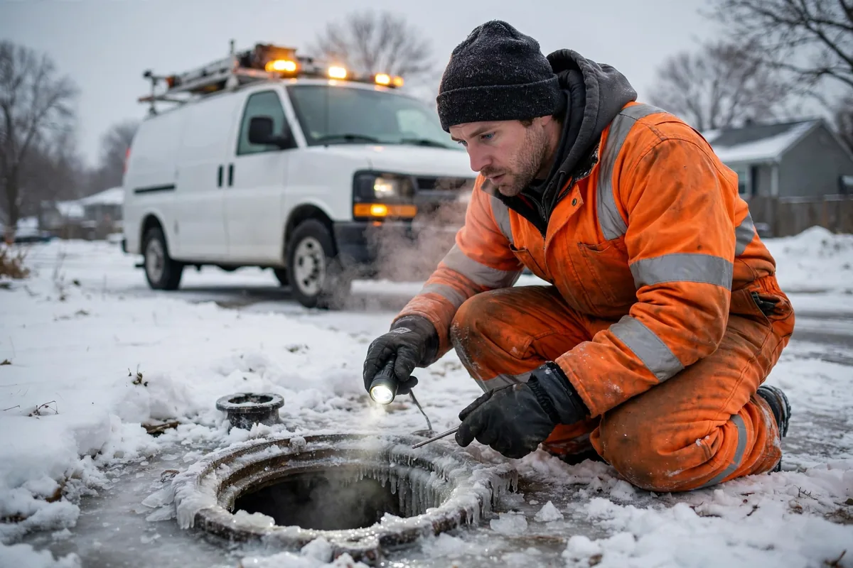 Technician diagnosing a frozen sewer cleanout in a snowy Rolling Meadows IL yard during winter emergency call