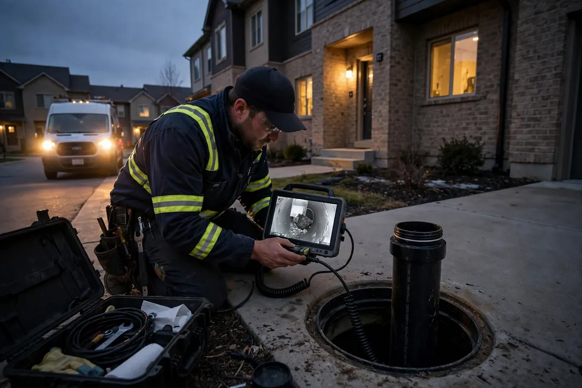 Emergency sewer camera diagnosis at dusk in Schaumburg, IL