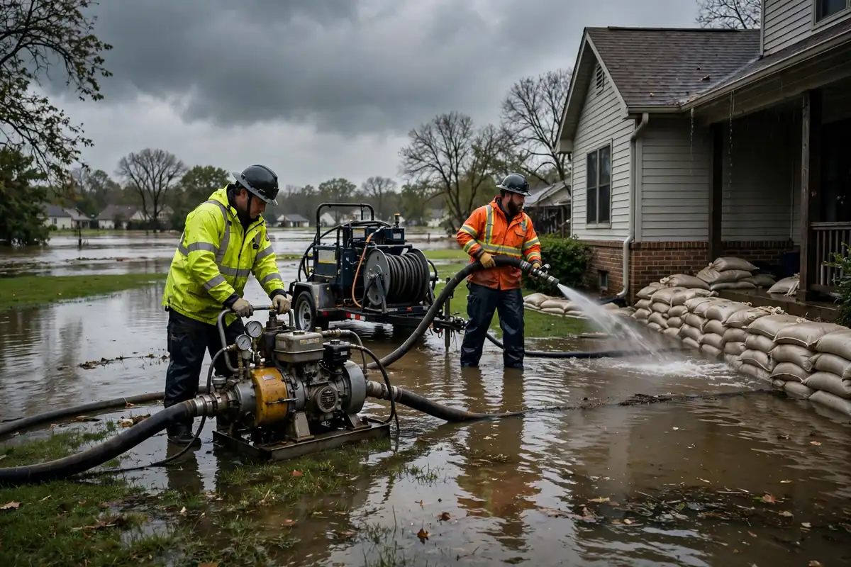 Emergency technicians pumping floodwater at a sandbagged St. Charles IL home on the Fox River floodplain