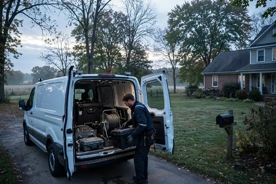 Emergency sewer crew arriving at dawn in Wayne, IL
