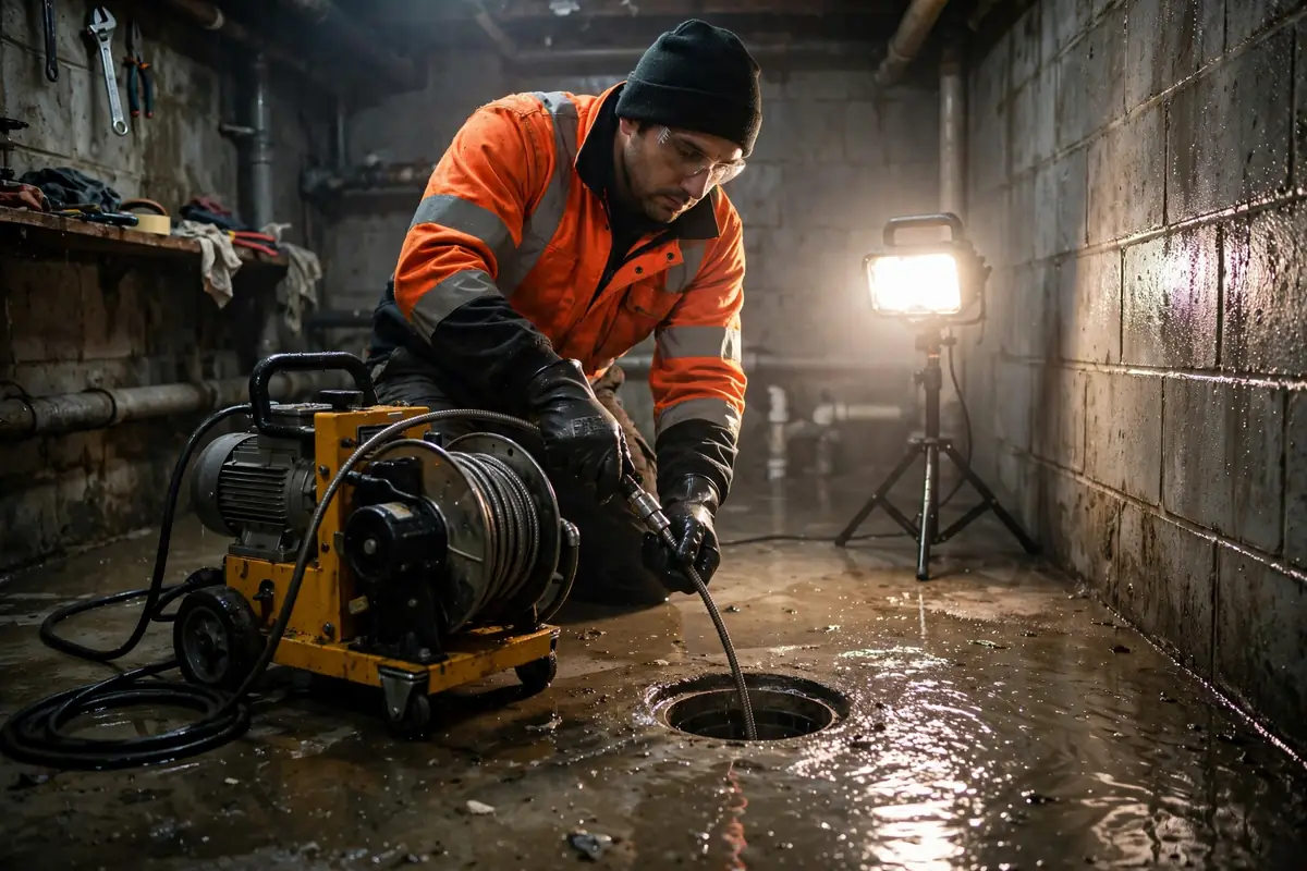 Técnico pasando una sonda en el desagüe inundado del sótano de una casa en Wood Dale IL