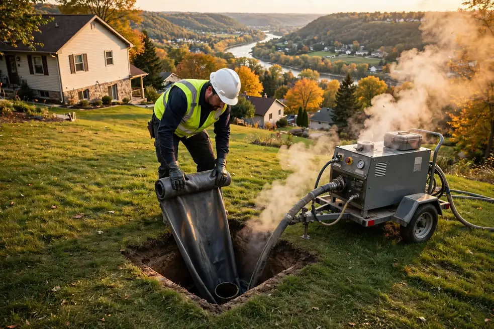 Excavación de acceso para revestimiento de tubería sin zanja en una casa en Geneva IL en la ladera del valle del río Fox