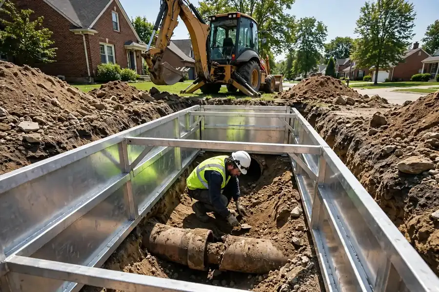 Excavated sewer repair with shoring in Hanover Park, IL
