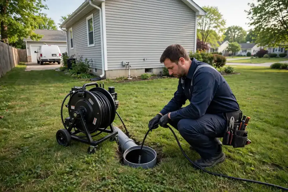 Técnico introduciendo una cámara de inspección en una tubería de alcantarillado en una casa suburbana de Chicago, Bartlett IL