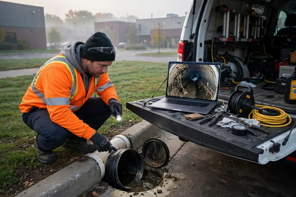Técnico diagnosticando una salida de alcantarillado junto a una camioneta de servicio en Itasca IL
