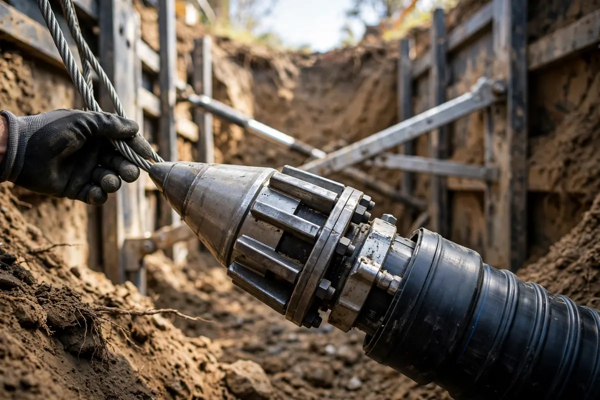 Primer plano del cabezal de rotura de tubería y tubería HDPE nueva en una excavación de acceso en Carol Stream IL