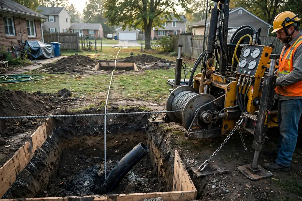 Hydraulic pulling rig winching new pipe at a bursting receiving pit in Geneva IL