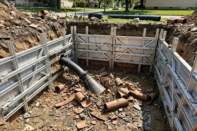 Pipe bursting exit pit with broken clay pipe in Hanover Park, IL