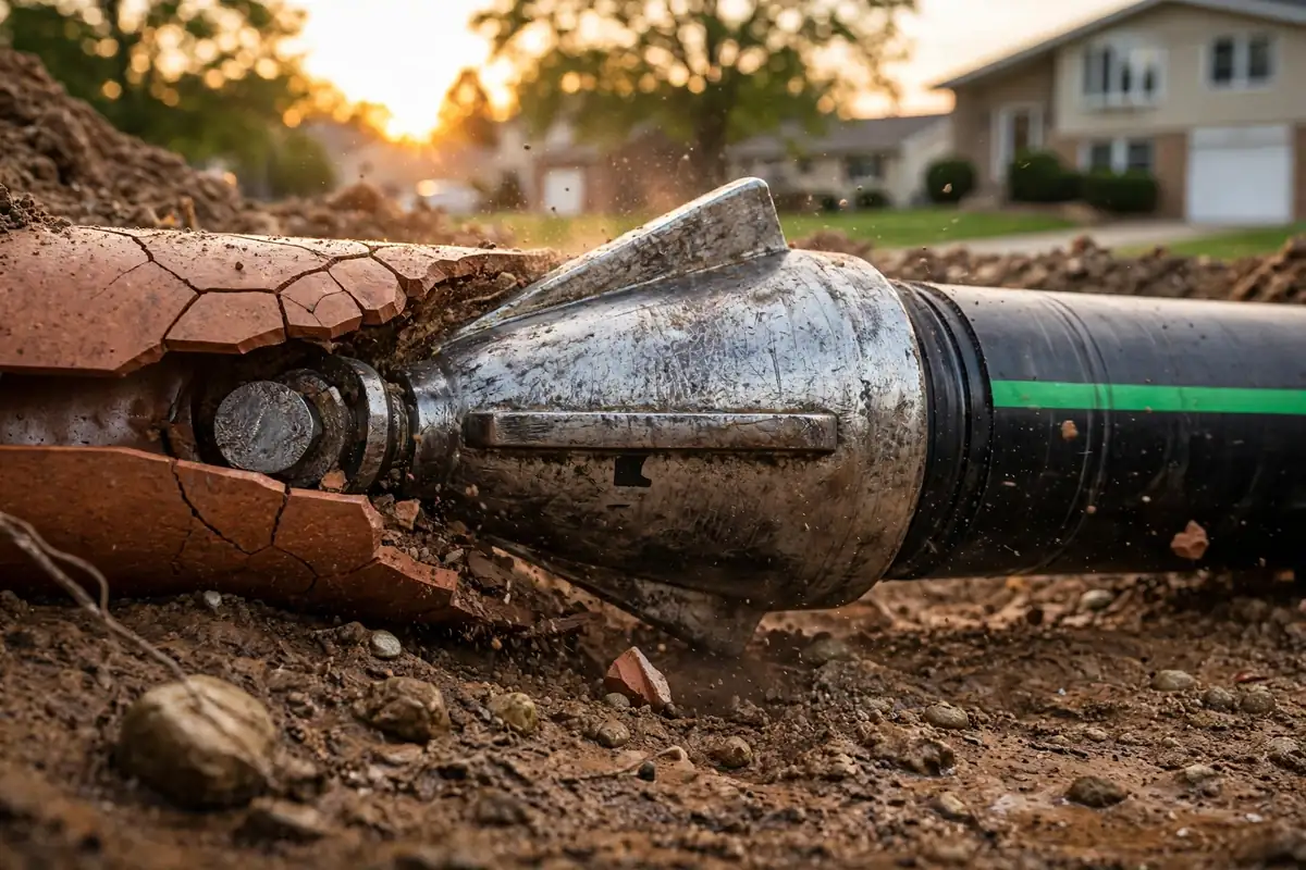Bursting head pulling new sewer pipe in Rolling Meadows, IL