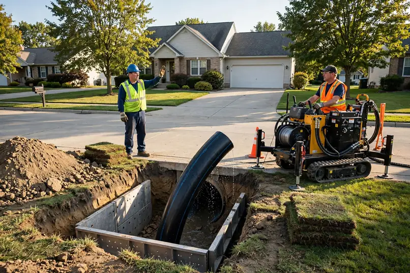Pipe bursting preserving an intact driveway while replacing a Schaumburg IL sewer lateral