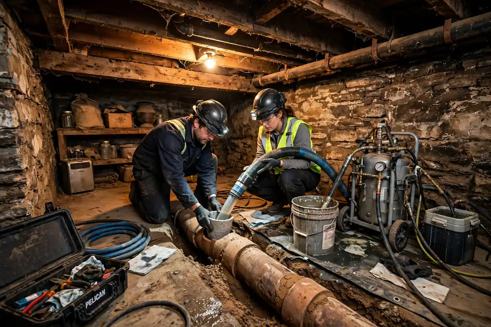 Technicians installing a cured-in-place pipe liner in an Elgin IL Victorian home basement