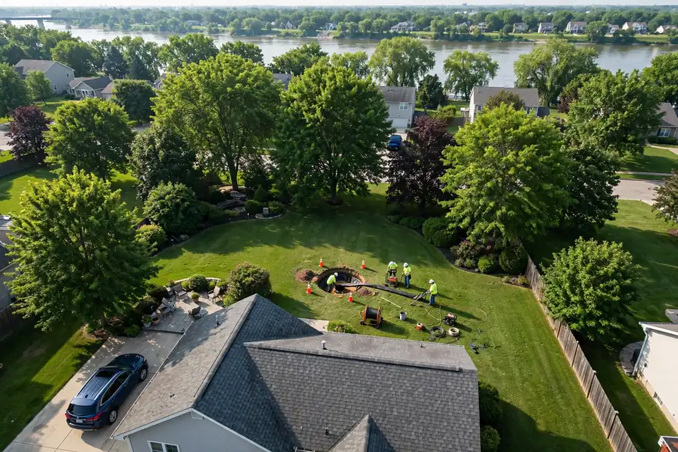 Finished trenchless pipe lining job with undisturbed yard at a St. Charles IL riverside home