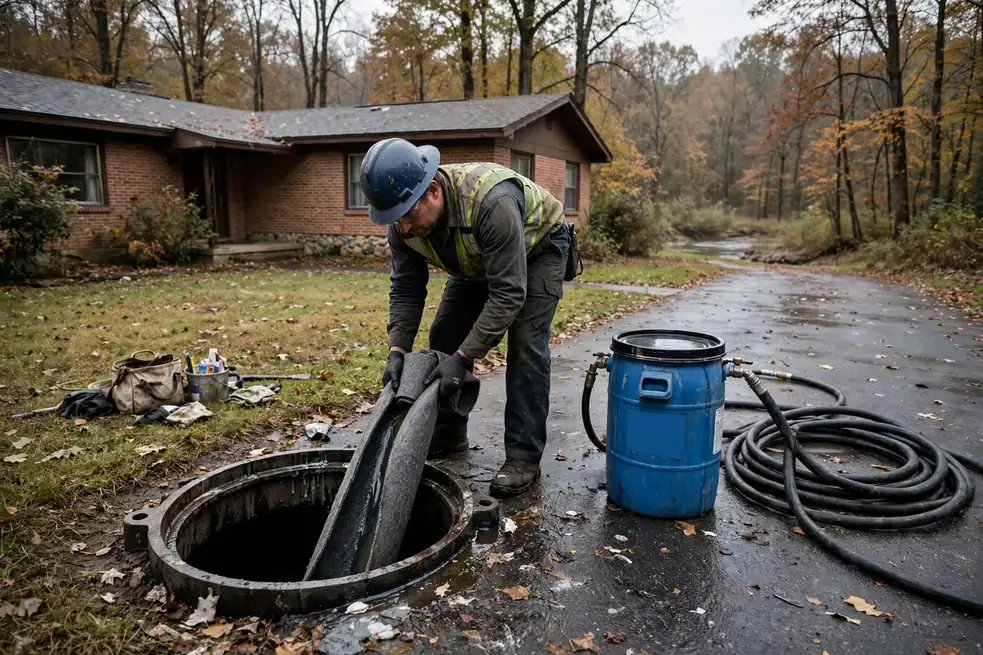 Technician feeding pipe liner into a cleanout at a Wood Dale IL ranch home near Salt Creek