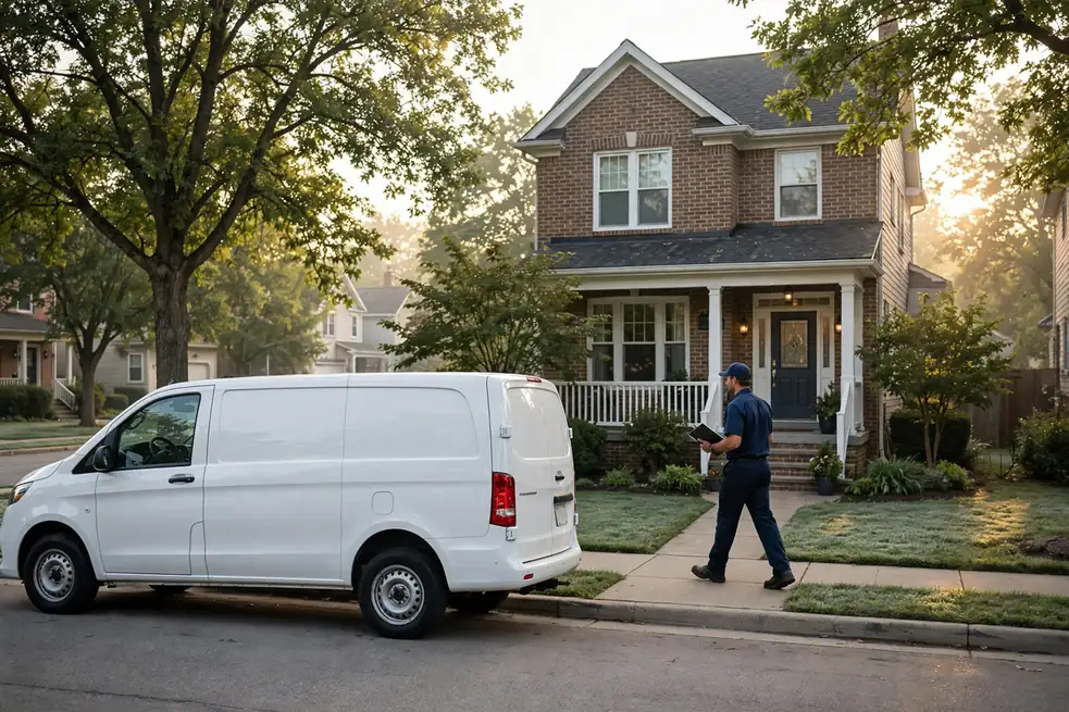 Camioneta de servicio de alcantarillado y técnico llegando a una casa en los suburbios de Chicago