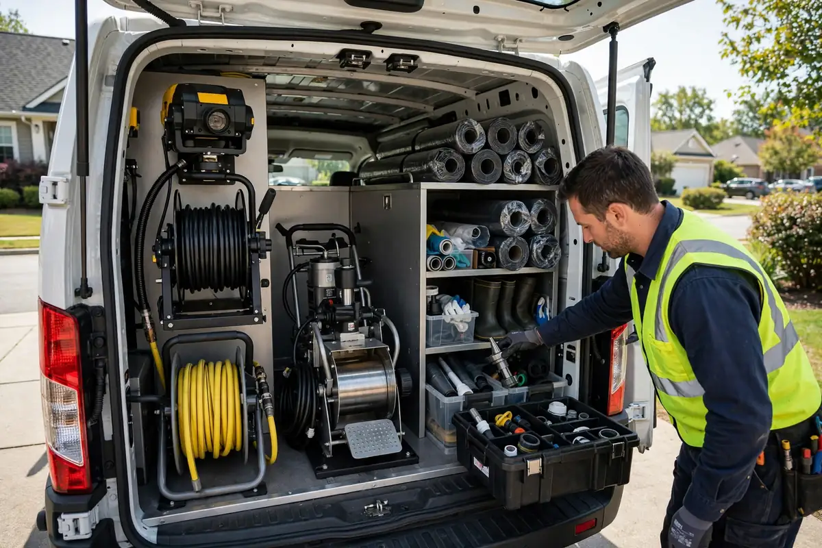 Camioneta de servicio equipada con cámaras, hidrochorro y equipo de revestimiento de tubería