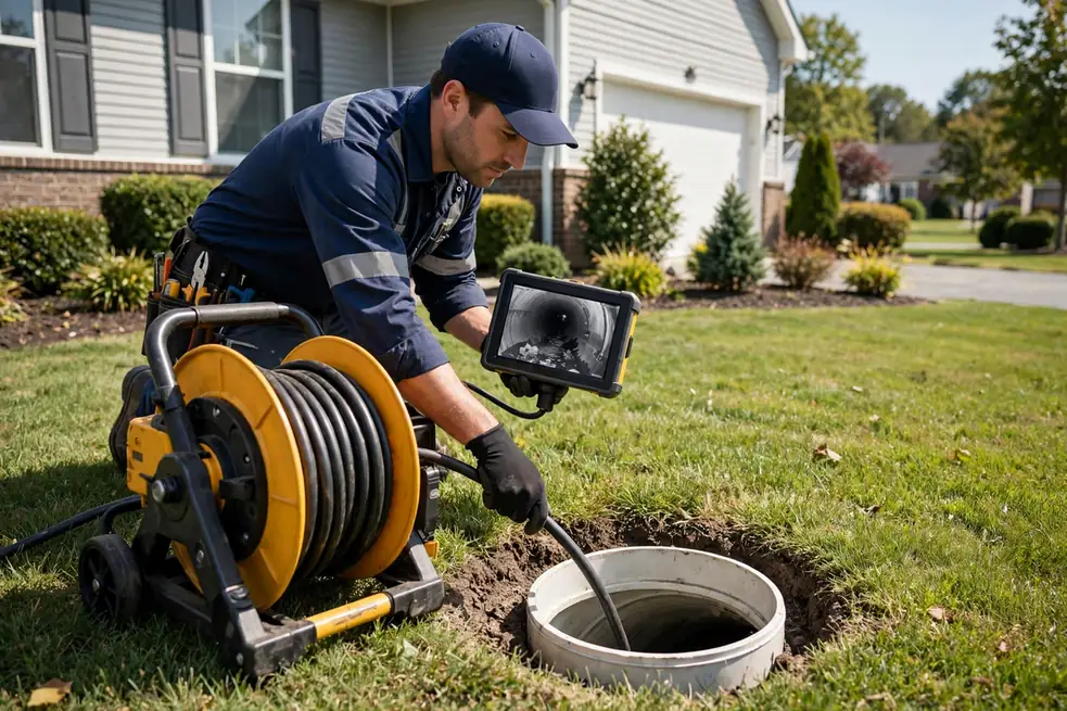 Technician pushing a sewer camera reel into an outdoor cleanout in Carol Stream IL