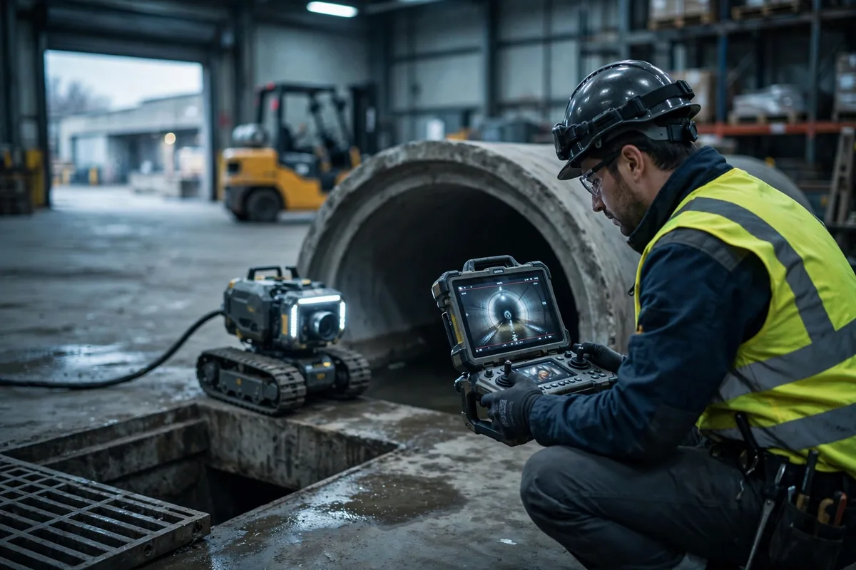 Technician operating a camera crawler at a loading-dock drain in Itasca IL