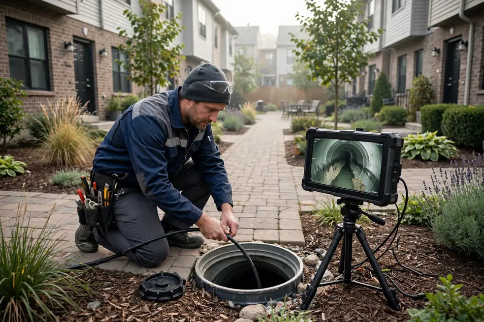 Technician camera-inspecting a cleanout between Schaumburg IL townhouses