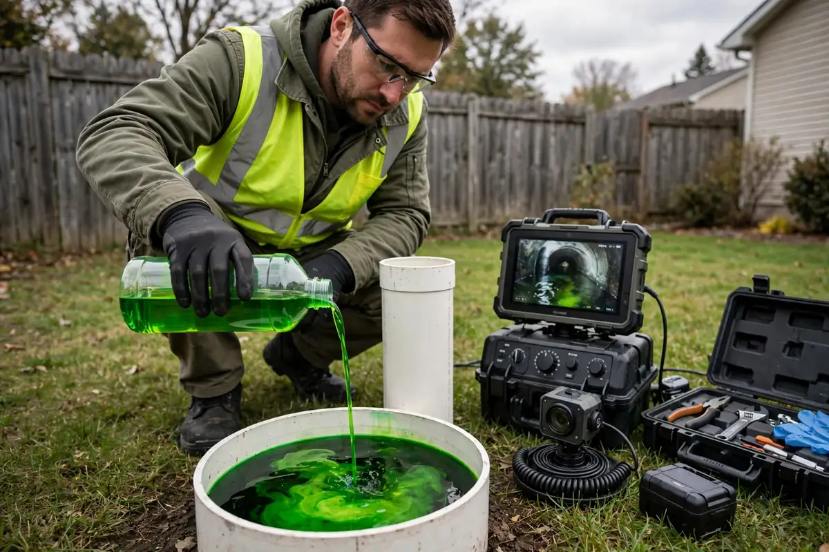 Técnico vertiendo tinte trazador verde en una salida para localizar una fuga en Bartlett IL