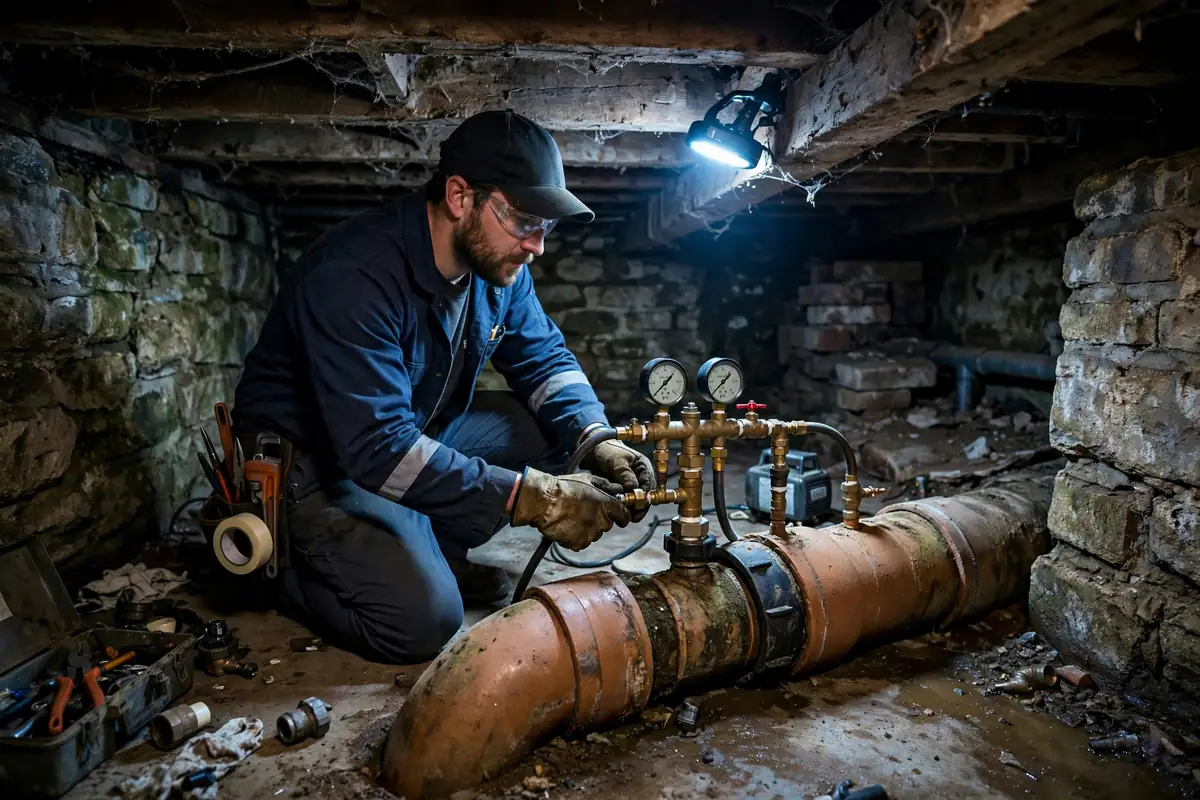 Technician pressure-testing a century-old clay sewer lateral in an Elgin IL basement