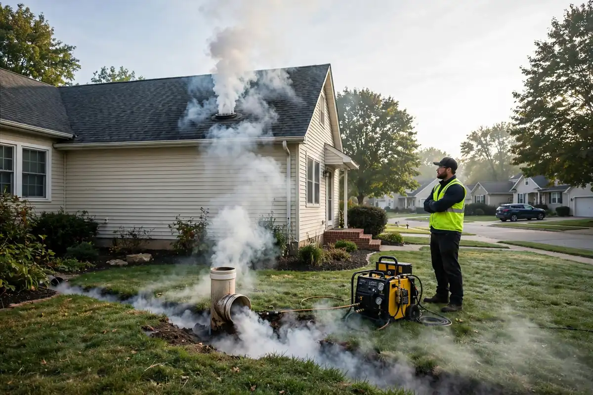 Sewer smoke test revealing a leak path at a Rolling Meadows IL home