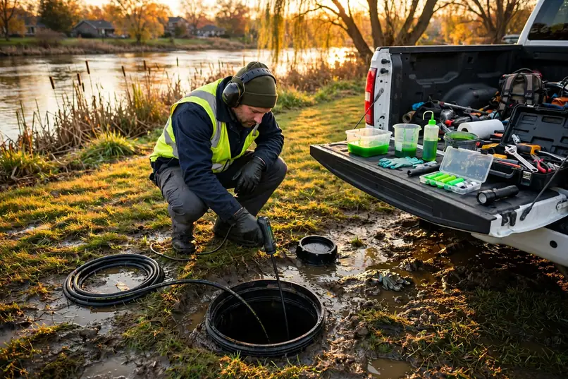 Technician pinpointing a sewer lateral leak near the Fox River in St. Charles IL