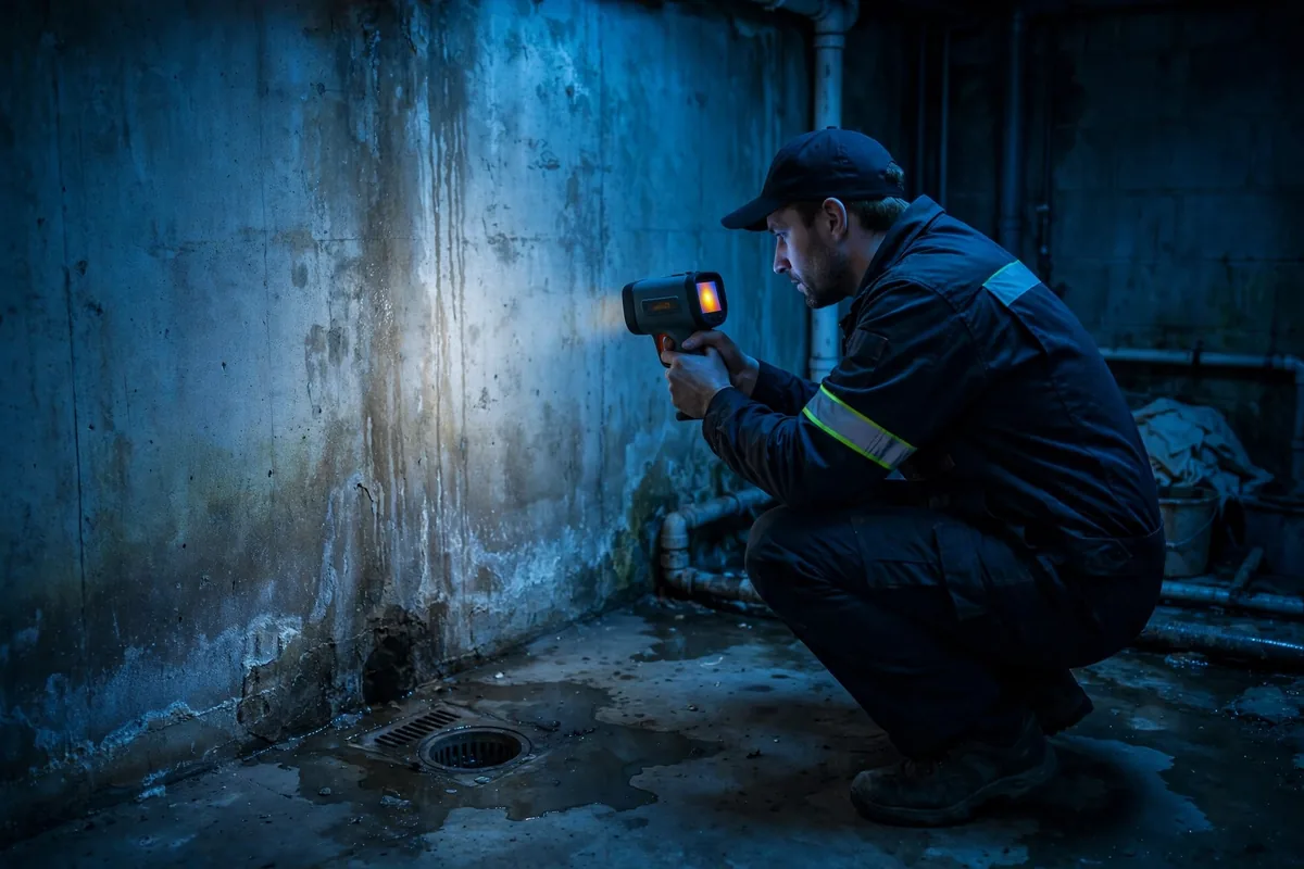 Técnico explorando una pared húmeda de sótano en Wood Dale IL con cámara térmica en busca de una fuga oculta
