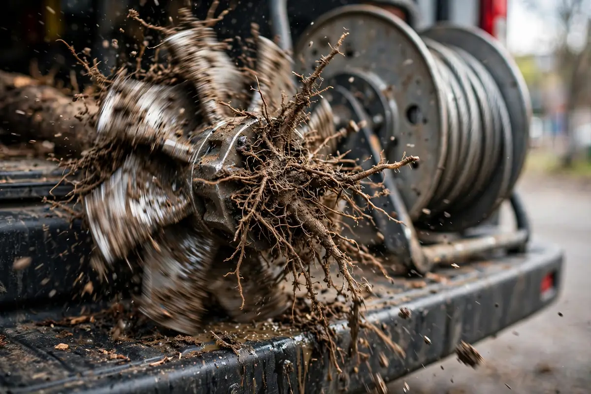 Close-up of a root-cutter head covered in shredded tree roots from a Carol Stream IL sewer line
