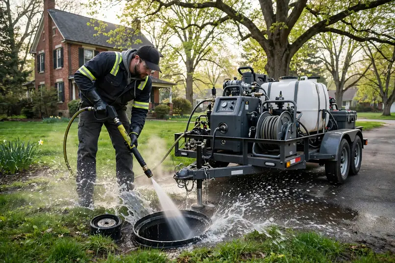 High-pressure jetting unit cleaning a Geneva IL home's sewer lateral