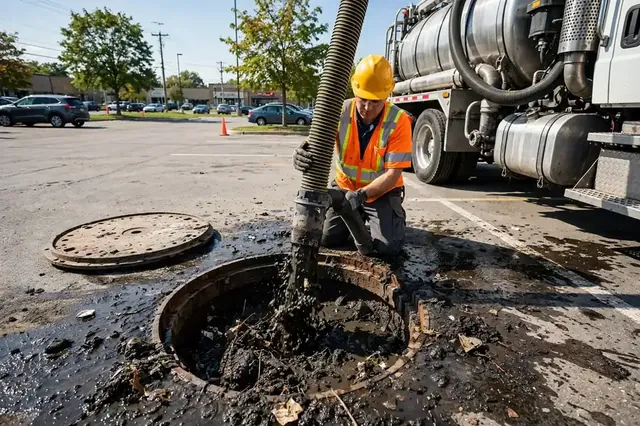Camión de succión limpiando un pozo de alcantarillado en Rolling Meadows, IL