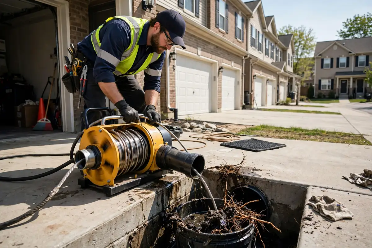 Technician running a sectional drain machine at a Schaumburg IL townhouse cleanout