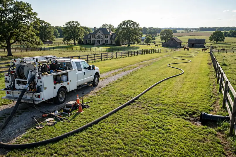 Jetting truck cleaning a long sewer lateral on a Wayne IL horse property