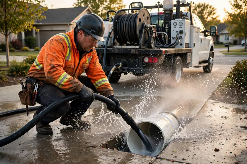 Técnico limpiando con hidrochorro una salida de alcantarillado residencial en los suburbios de Chicago