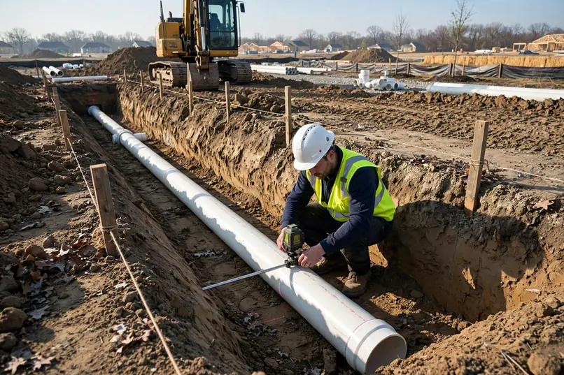 Nueva tubería de PVC de alcantarillado instalándose en una zanja nivelada en una obra en Bartlett IL