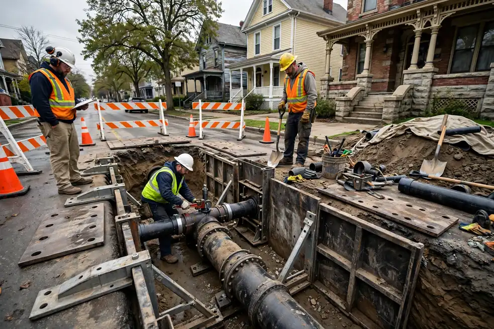 Crew connecting a new sewer lateral tap at the city main on a historic Elgin IL street