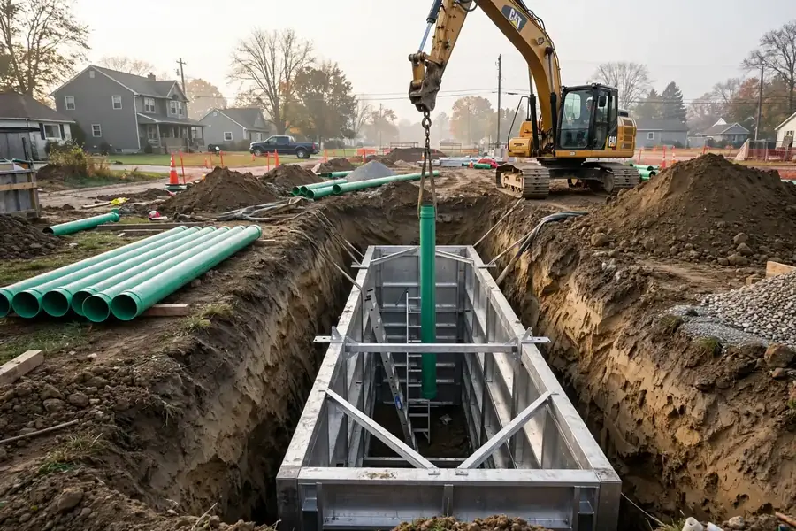 Deep sewer main installation with trench shoring in Geneva, IL