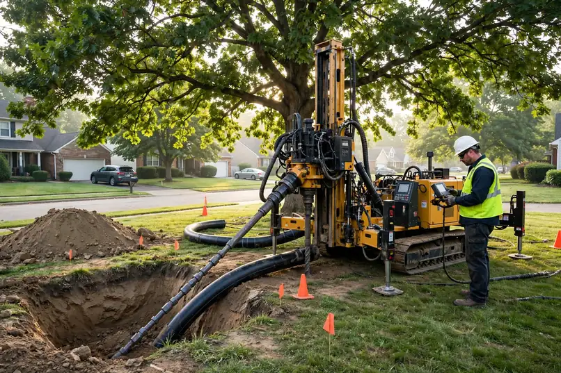 Máquina de perforación direccional instalando una nueva tubería de alcantarillado bajo un jardín en Hanover Park IL