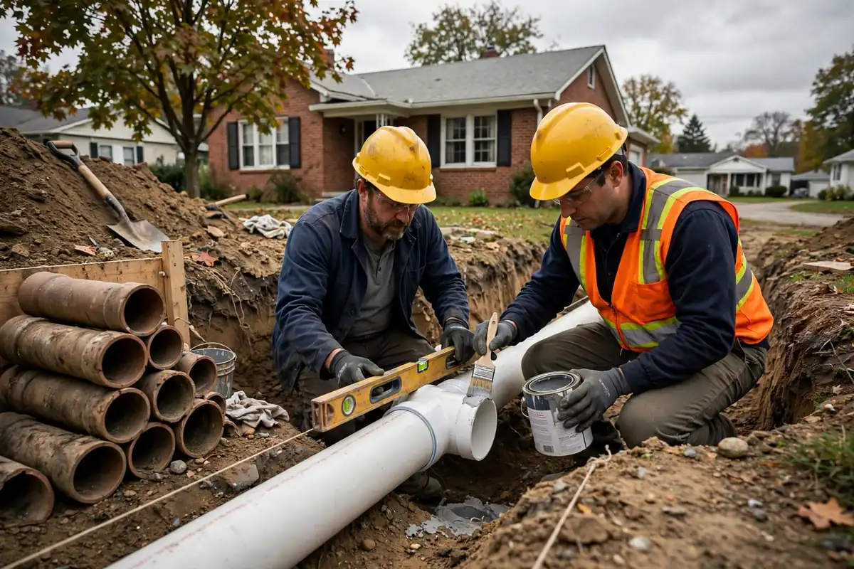 Technicians laying a new PVC sewer lateral at a 1950s Rolling Meadows IL home